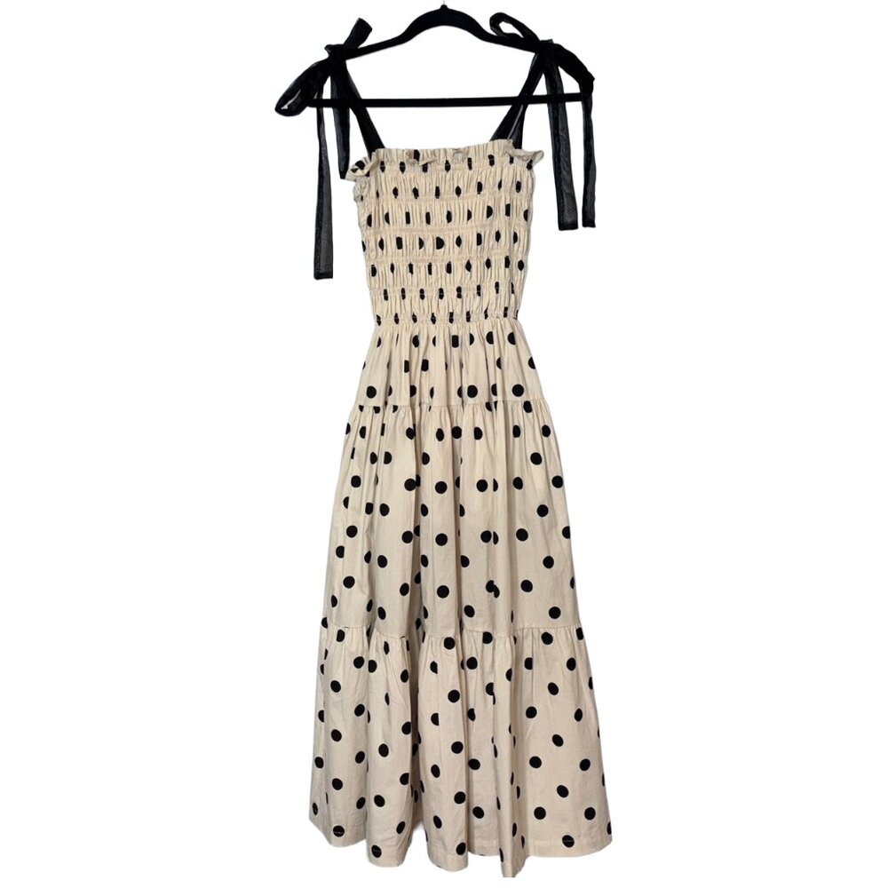 En Saison 100% Cotton Ivory & Black Polka Dot Tiered Midi Dress - Size XS - Picture 2 of 5